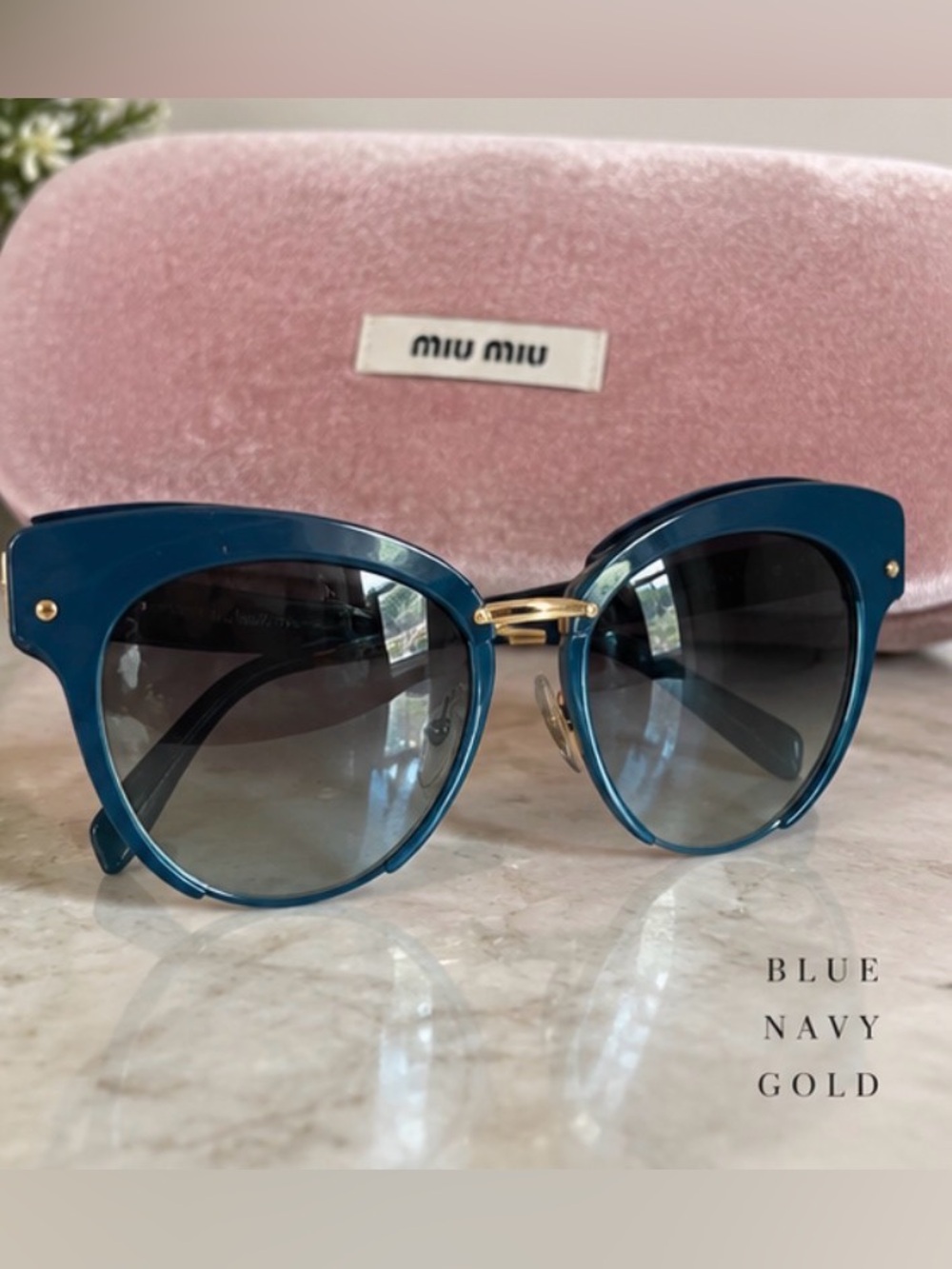 Miu Miu Cat Eye browline Sunglasses Authentic Blue Navy gold